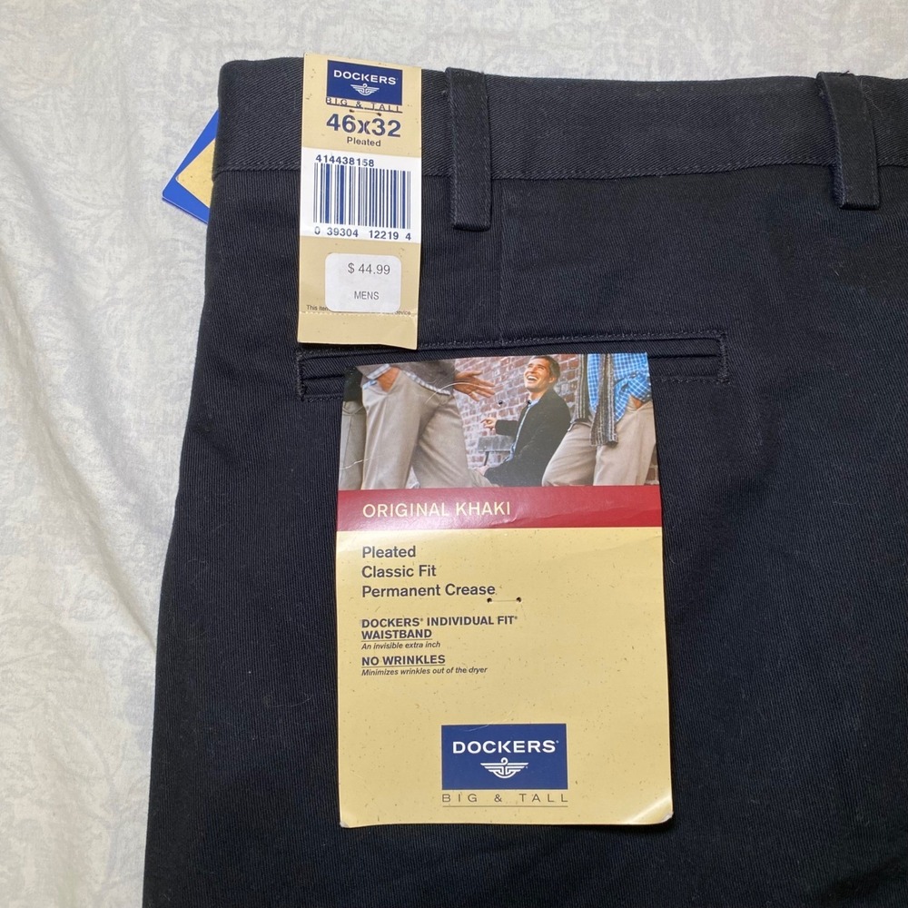 Dockers Original Khaki Pants 46x32 Big & Tall Pleated Classic Fit NWT Black - Picture 10 of 14